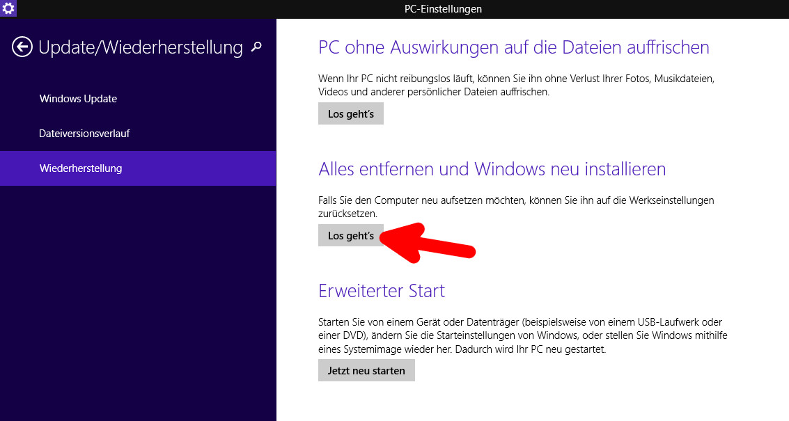 Windows 8 PC zurücksetzen